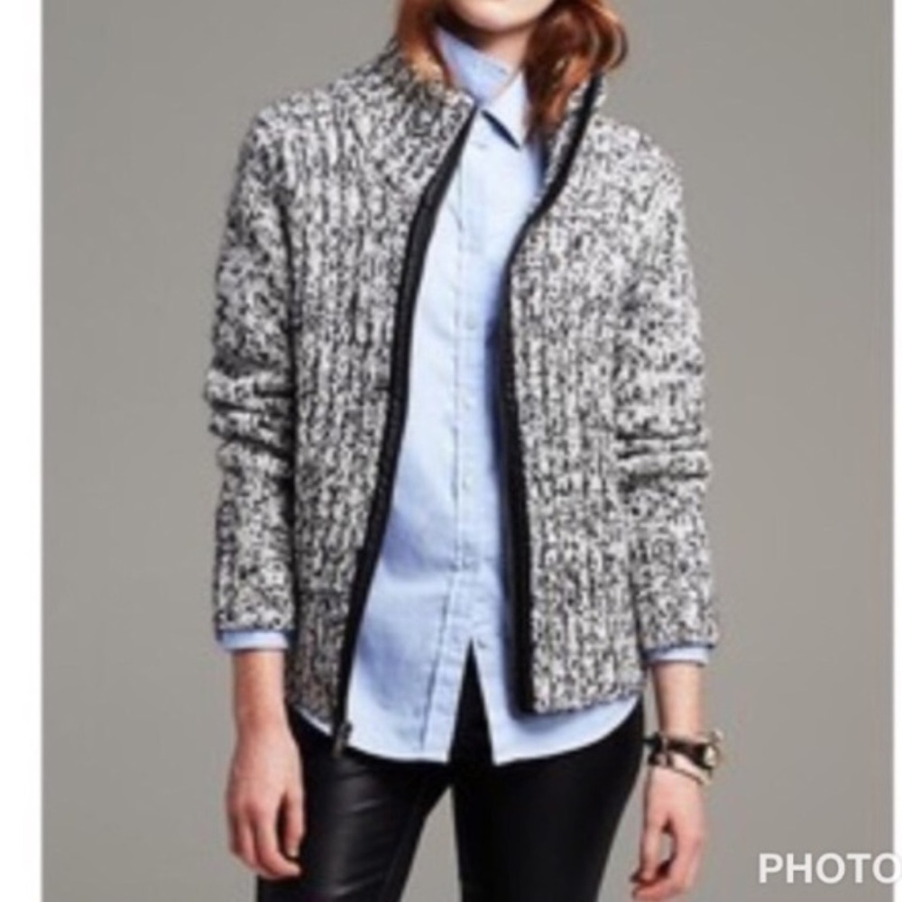 BR Marled Faux Leather Trim Sweater Jacket